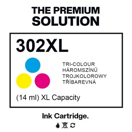 HP 302XL / F6U67AE XL 2.5x-es kapacitású  színes-color prémium utángyártott tintapatron, patron- hewlett packard